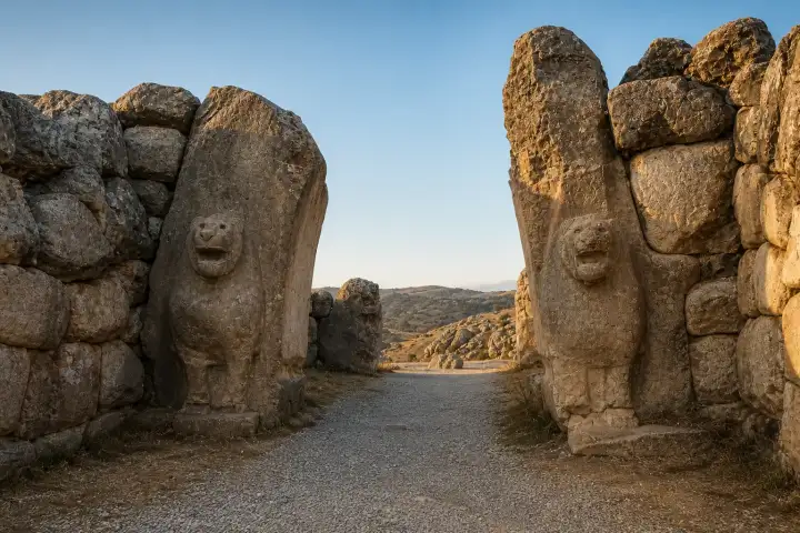 The ancient Hittite lion reliefs guarding the monumental Lion Gate at Hattusa.