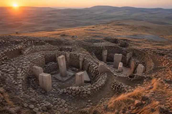 Circular Neolithic enclosures and T-shaped stone pillars at Göbeklitepe at sunrise.