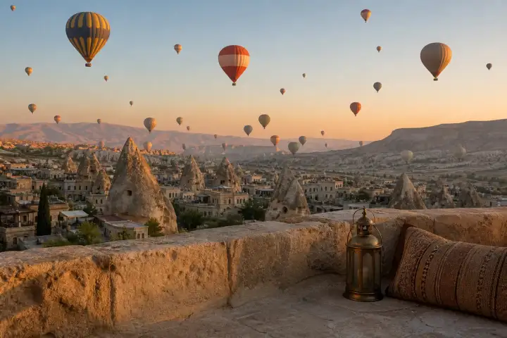 Hot air balloons rising above Göreme as seen from a traditional Cappadocia cave hotel terrace.