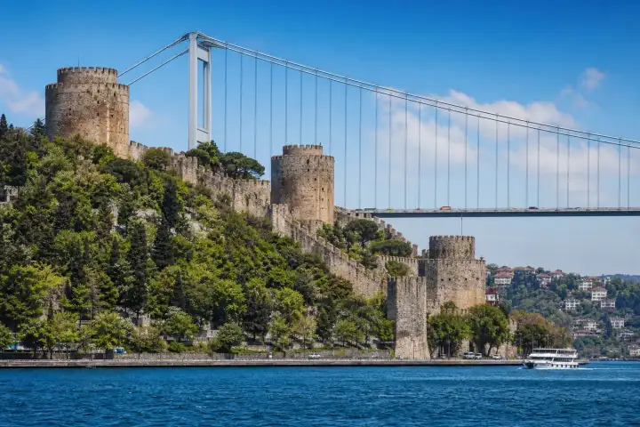 Rumeli Fortress beneath the Fatih Sultan Mehmet Bridge beside the Bosphorus in Istanbul.