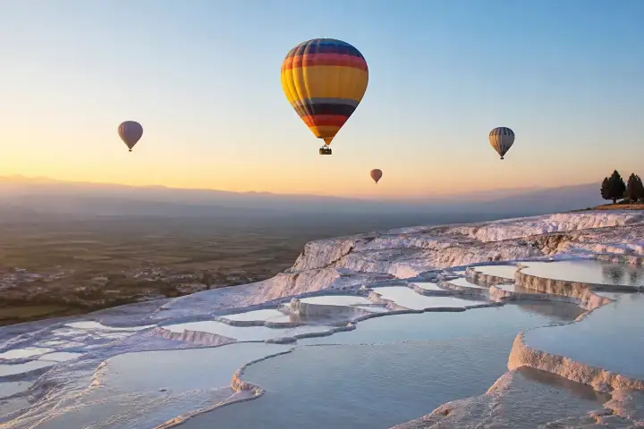 Colorful hot air balloons floating above the white travertine terraces of Pamukkale at sunrise.