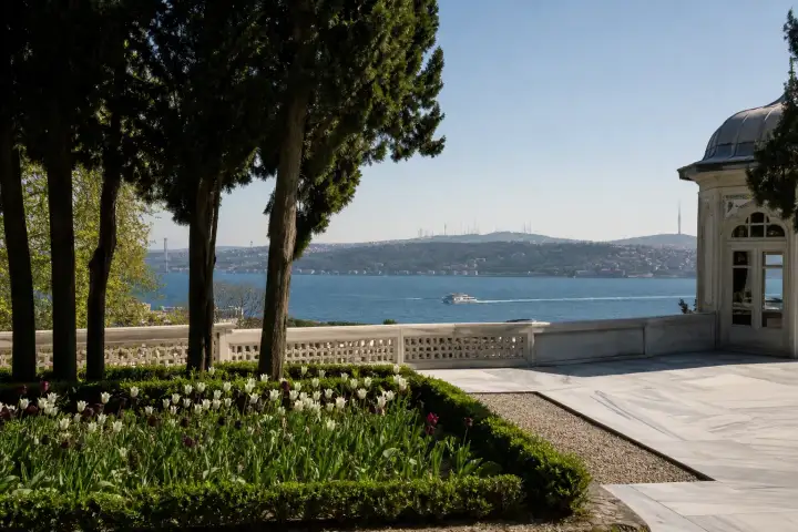 The Bosphorus viewed through cypress trees and tulip gardens at Topkapı Palace in Istanbul.