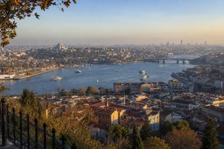 The Golden Horn and historic Istanbul neighborhoods viewed from Pierre Loti Hill in autumn.