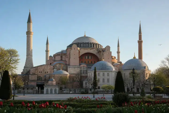 Hagia Sophia above spring tulips in Sultanahmet Square during a quiet Istanbul morning.