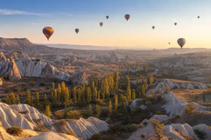 Hot air balloons above golden poplar trees and sculpted valleys in autumn Cappadocia.