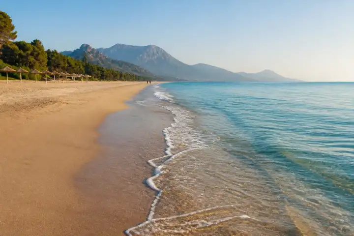 A quiet sandy Mediterranean beach beneath the distant Taurus Mountains near Antalya.