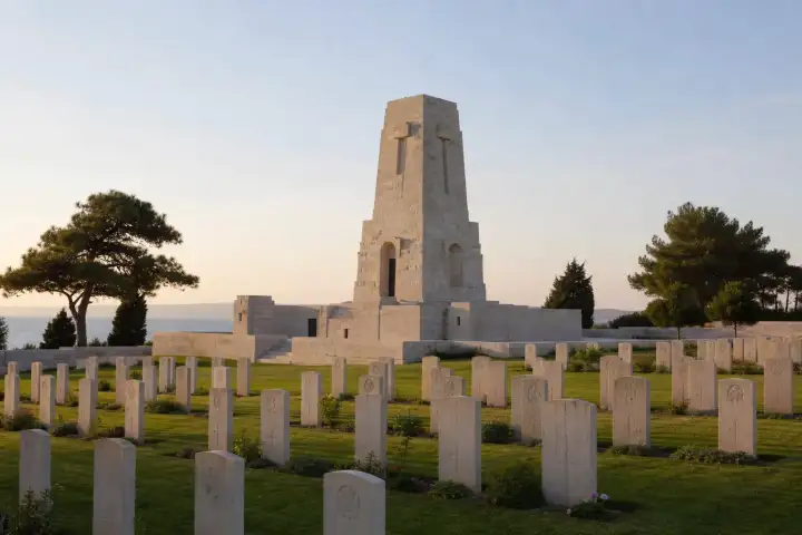 The pale stone memorial and orderly headstones of Lone Pine Cemetery on the Gallipoli Peninsula.