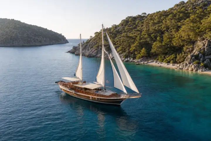 A traditional wooden gulet sailing through a clear turquoise cove on the Fethiye to Demre coast.