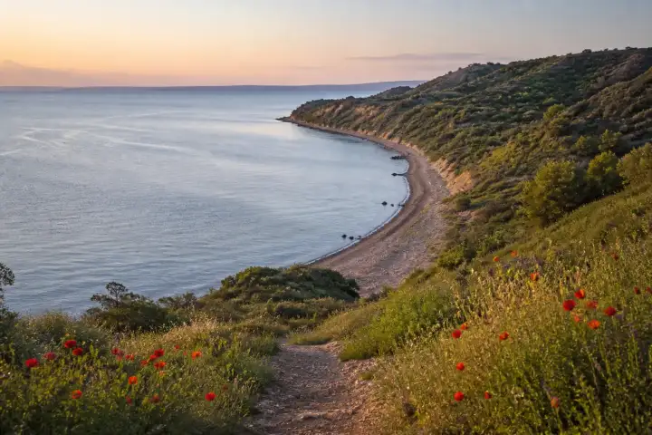 The curved shoreline of Anzac Cove framed by spring poppies on the Gallipoli Peninsula.