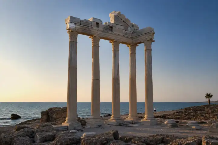 Weathered columns of the Temple of Apollo beside the Mediterranean at Side near Antalya.