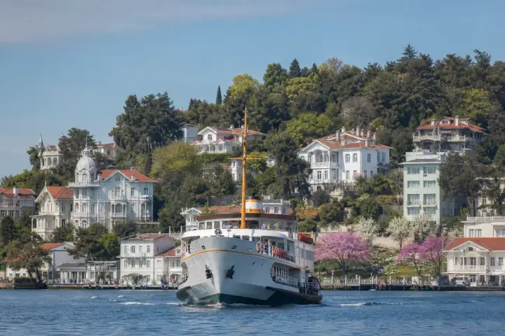 A classic passenger ferry approaching the historic wooden mansions of Büyükada in spring.