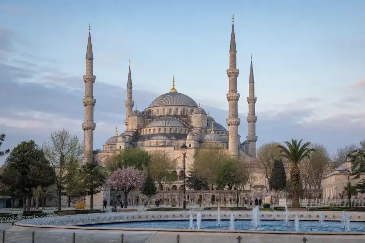 The cascading domes and slender minarets of the Blue Mosque in Sultanahmet on a spring morning.