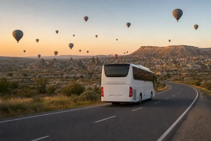 An unbranded touring coach approaching Cappadocia valleys beneath hot air balloons at sunrise.