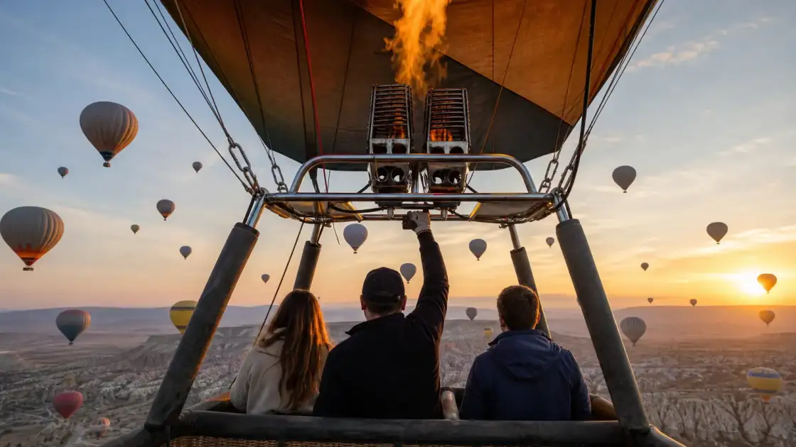 A sunrise hot air balloon flight above Cappadocia valleys viewed from inside the wicker basket.