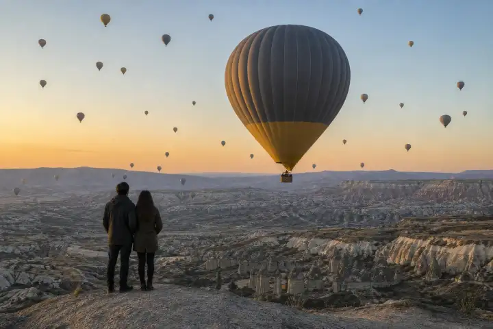 Travelers watching a hot air balloon pass low above the valleys of Cappadocia at dawn.