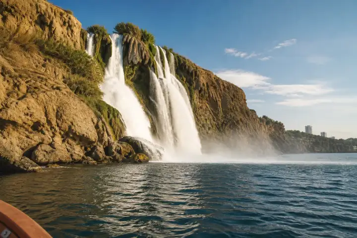 Lower Duden Waterfall cascading from Antalya cliffs into the Mediterranean
