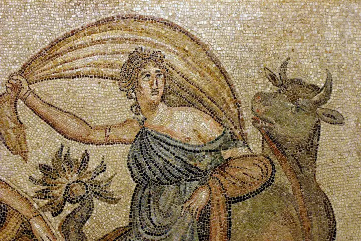 A Roman mosaic at Gaziantep shows a draped woman holding a billowing veil beside a bull, worked in fine amber and grey tesserae.