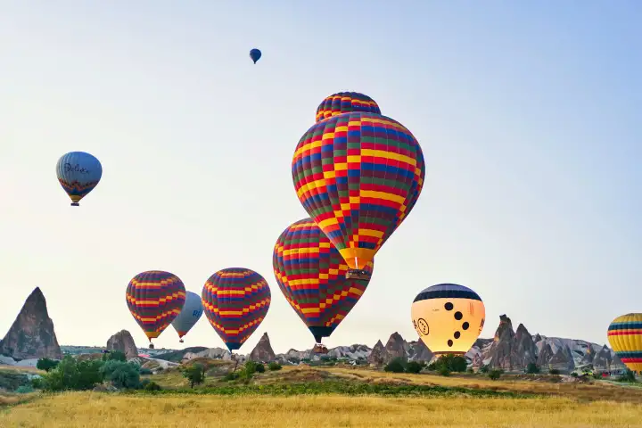 Boldly striped red and blue balloons hover just above a golden field in Cappadocia, a smiling face painted on the envelope of the balloon on the right.