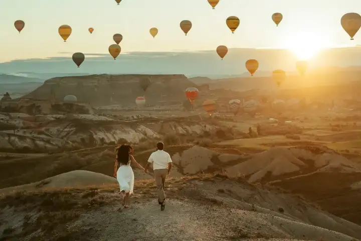 A couple walks hand in hand up a dirt track into the low sun in Cappadocia, hot air balloons scattered across the sky above the eroded ridges.