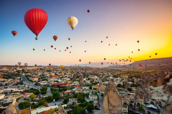 A big red hot air balloon hangs over the rooftops of Goreme at sunrise, dozens of smaller balloons trailing away across the orange sky.