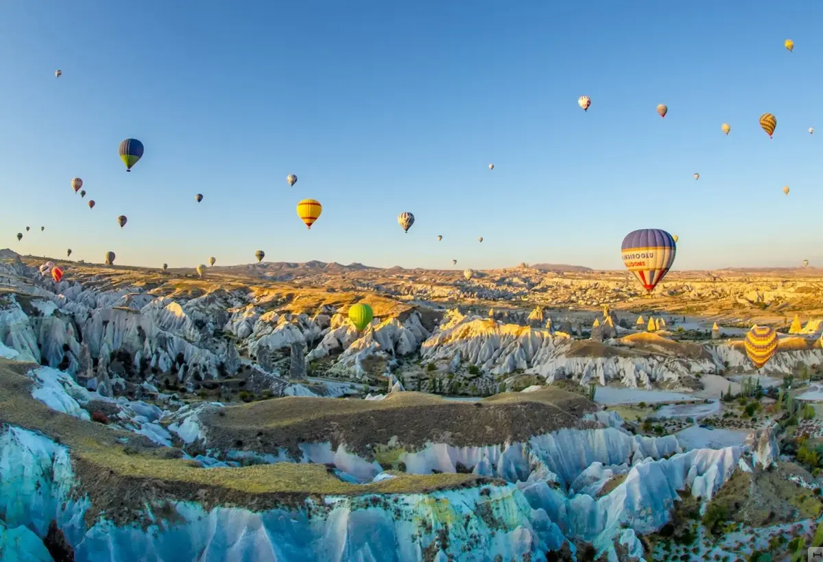 An aerial view over Cappadocia shows a cluster of hot air balloons above a bleached valley of ridged rock and green cultivated strips.