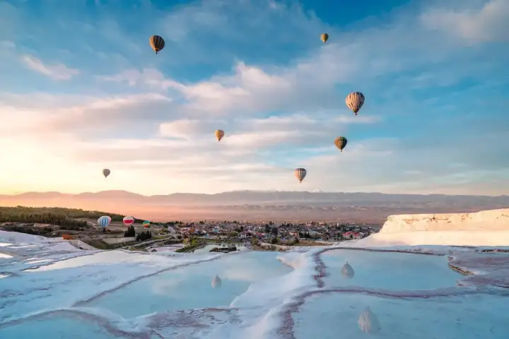 Hot air balloons rise into a pale dawn sky above the white terraces of Pamukkale, the pools mirroring the soft colour.