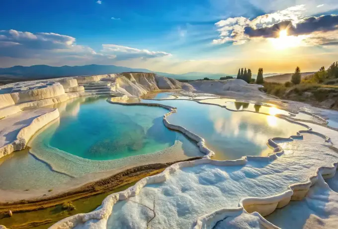 A large kidney-shaped turquoise pool sits in the white travertine at Pamukkale with the sun breaking through cloud behind.