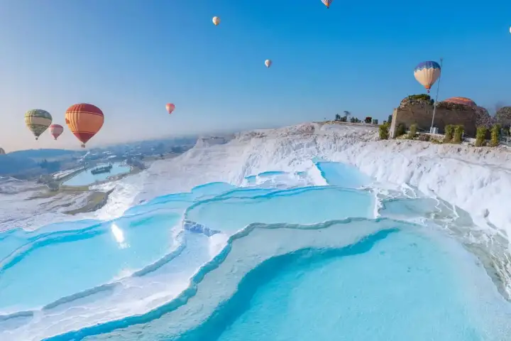 Hot air balloons drift over the bright turquoise terrace pools at Pamukkale with a ruined tower on the ridge above.