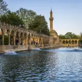 The long stone colonnade runs beside the green water of Balikligol in Sanliurfa, the mosque minaret rising above the trees.