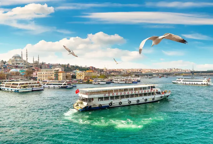Gulls wheel over a white ferry crossing the Bosphorus in Istanbul with the domes of the old city along the shore.