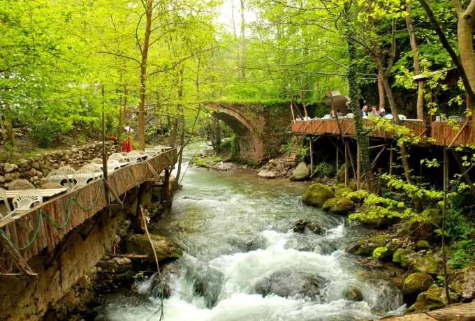 A fast mountain stream runs under an old stone bridge at Masukiye between wooden terraces and bright spring woodland.