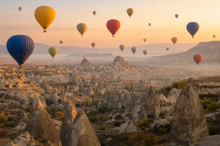 Hot air balloons floating above the fairy chimneys of Goreme in Cappadocia at sunrise