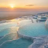 Turquoise thermal pools across the white travertine terraces of Pamukkale at sunrise