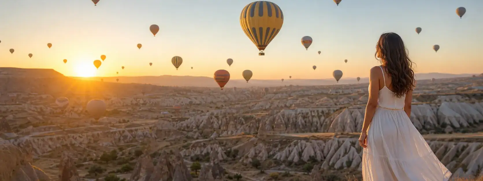 Hot air balloons flying over Cappadocia at sunrise