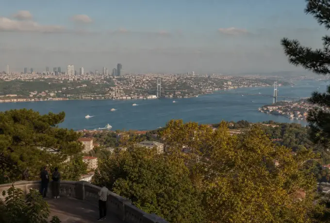 Panoramic Bosphorus and Istanbul skyline viewed from the green terraces of Camlica Hill