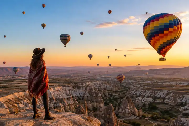 A traveler watches colorful hot air balloons drift over Cappadocia's fairy chimneys at sunrise.