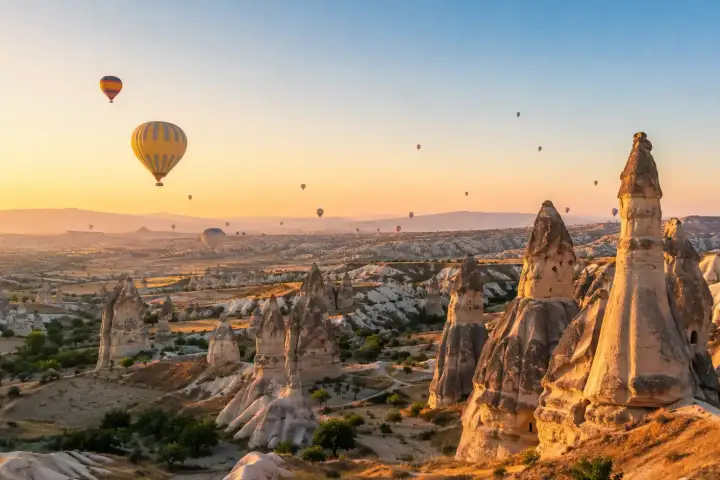 An early morning balloon flight crosses Cappadocia's rock spires and winding valleys.