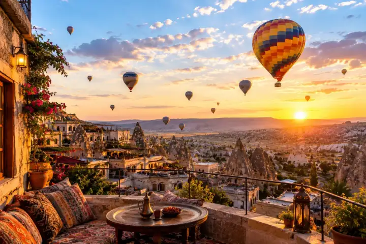A cave hotel terrace in Goreme overlooks hot air balloons and Cappadocia's valleys at sunrise.