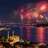 Fireworks fill the sky over the Bosphorus in Istanbul.
