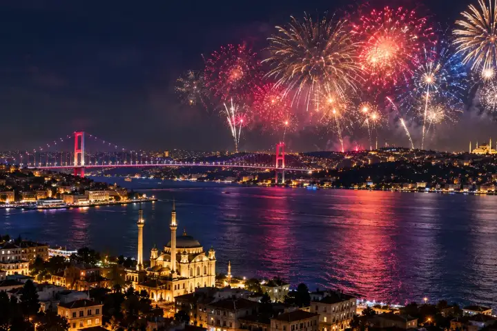 Fireworks fill the sky over the Bosphorus in Istanbul.