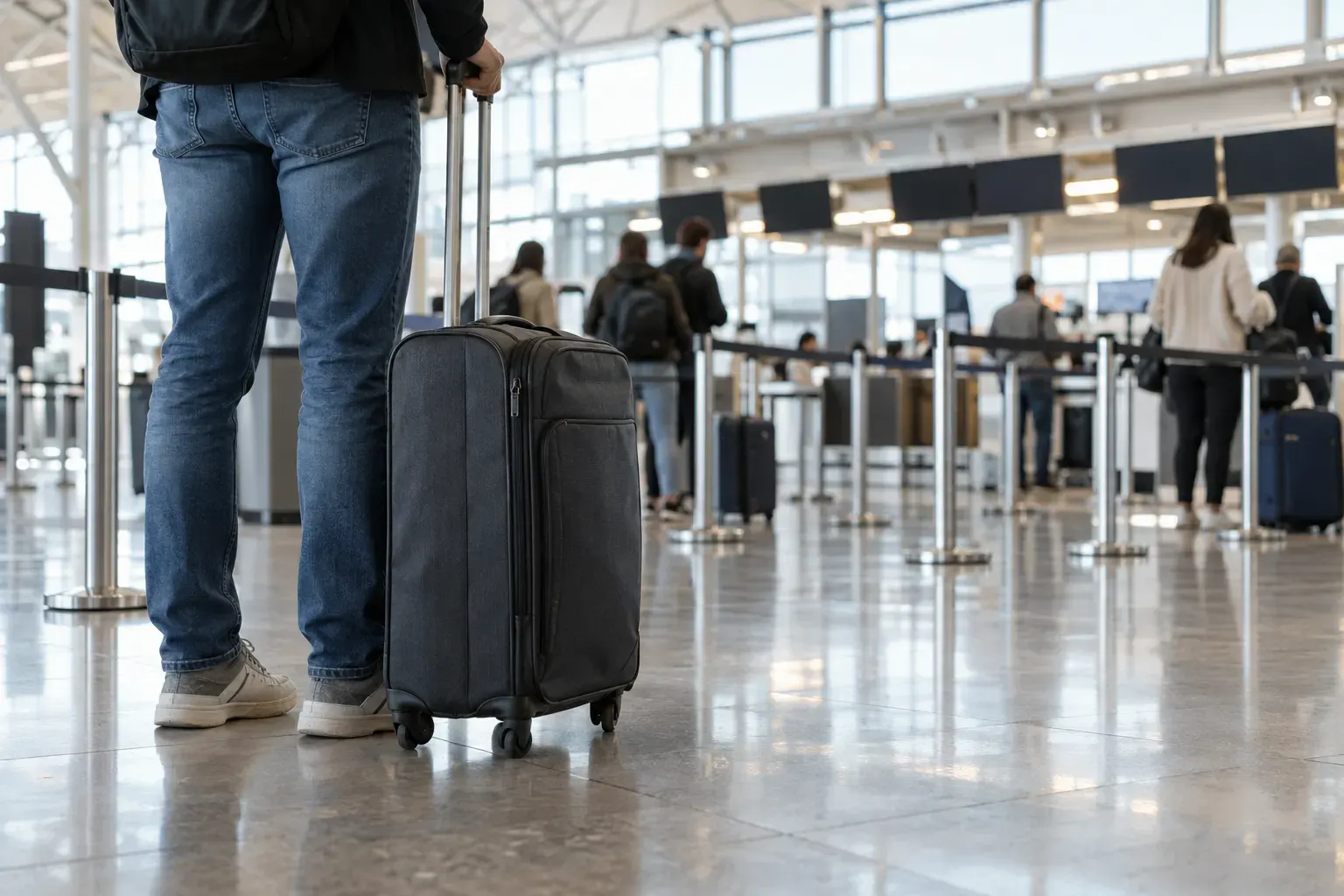 Traveller with a wheeled suitcase waiting in an airport check-in hall