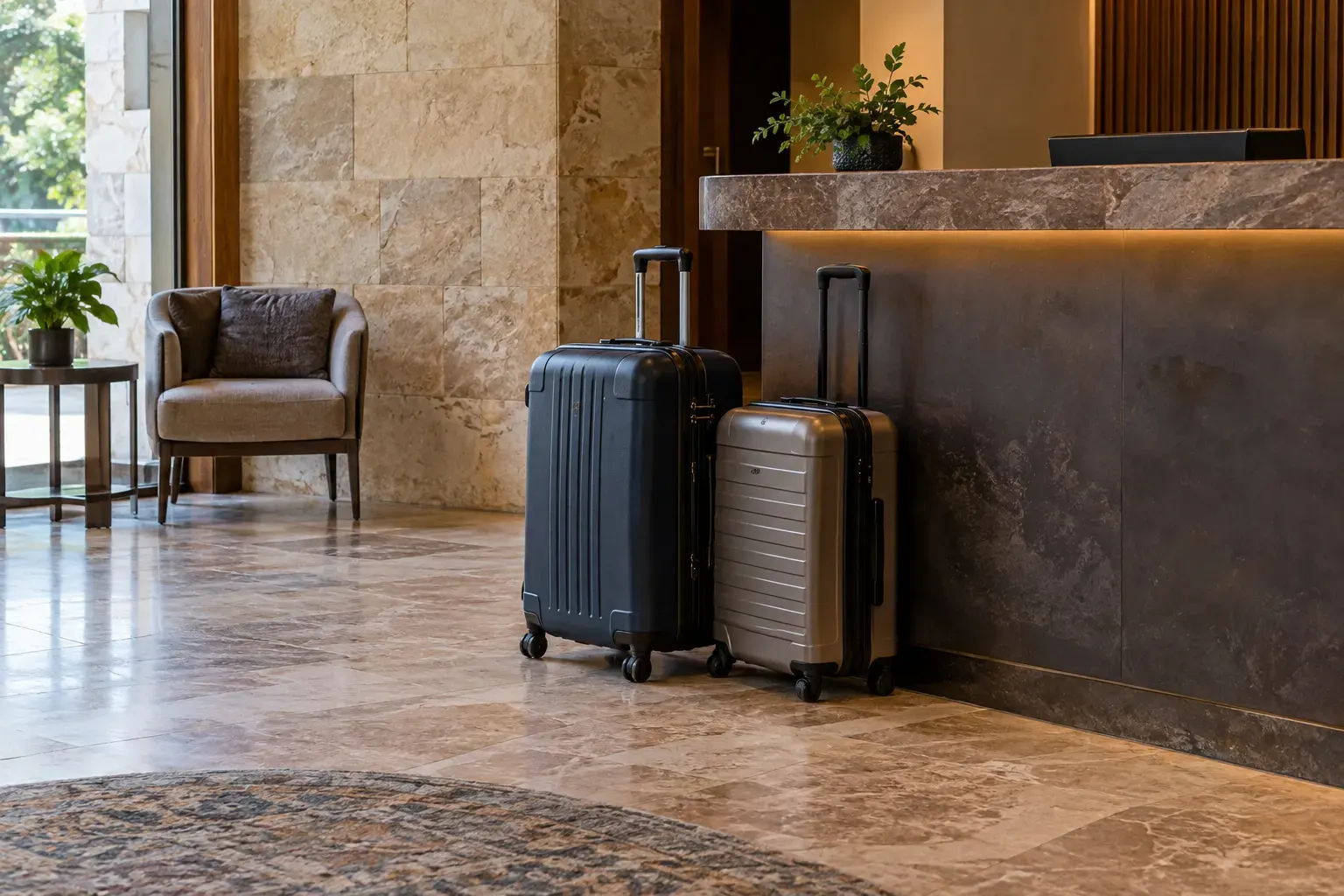 Two travel suitcases beside a hotel reception counter