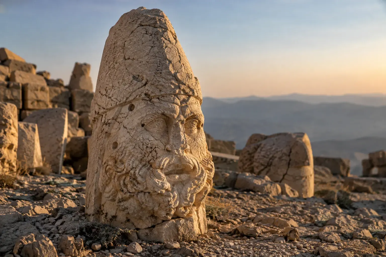 Weathered bearded limestone head with a tall stone headdress in warm side light
